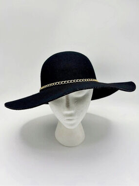 Scala Pronto Black 100% Wool Wide Brim Floppy Hat Gold Chain 57cm